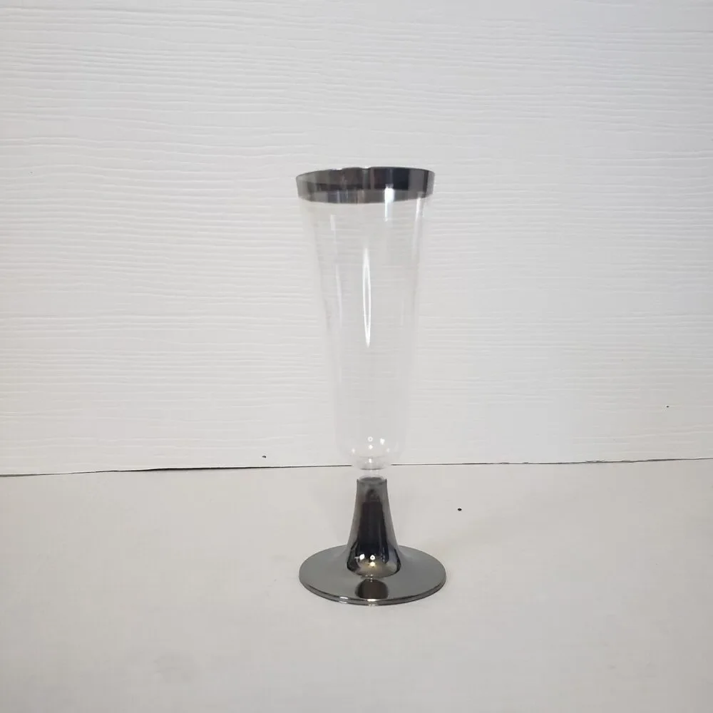 Plastic Stemmed Champagne Flutes Set of 48 Clear with Silver Rim + Base 4 oz New